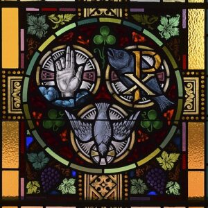 An artistic depiction of the Trinity, with the hand representing the Father the ichthys representing the Son, and the dove representing the Holy Spirit